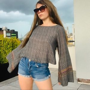 Free People Geometric Abstract Chevron Boatneck Statement Flare Bell Sleeve Top